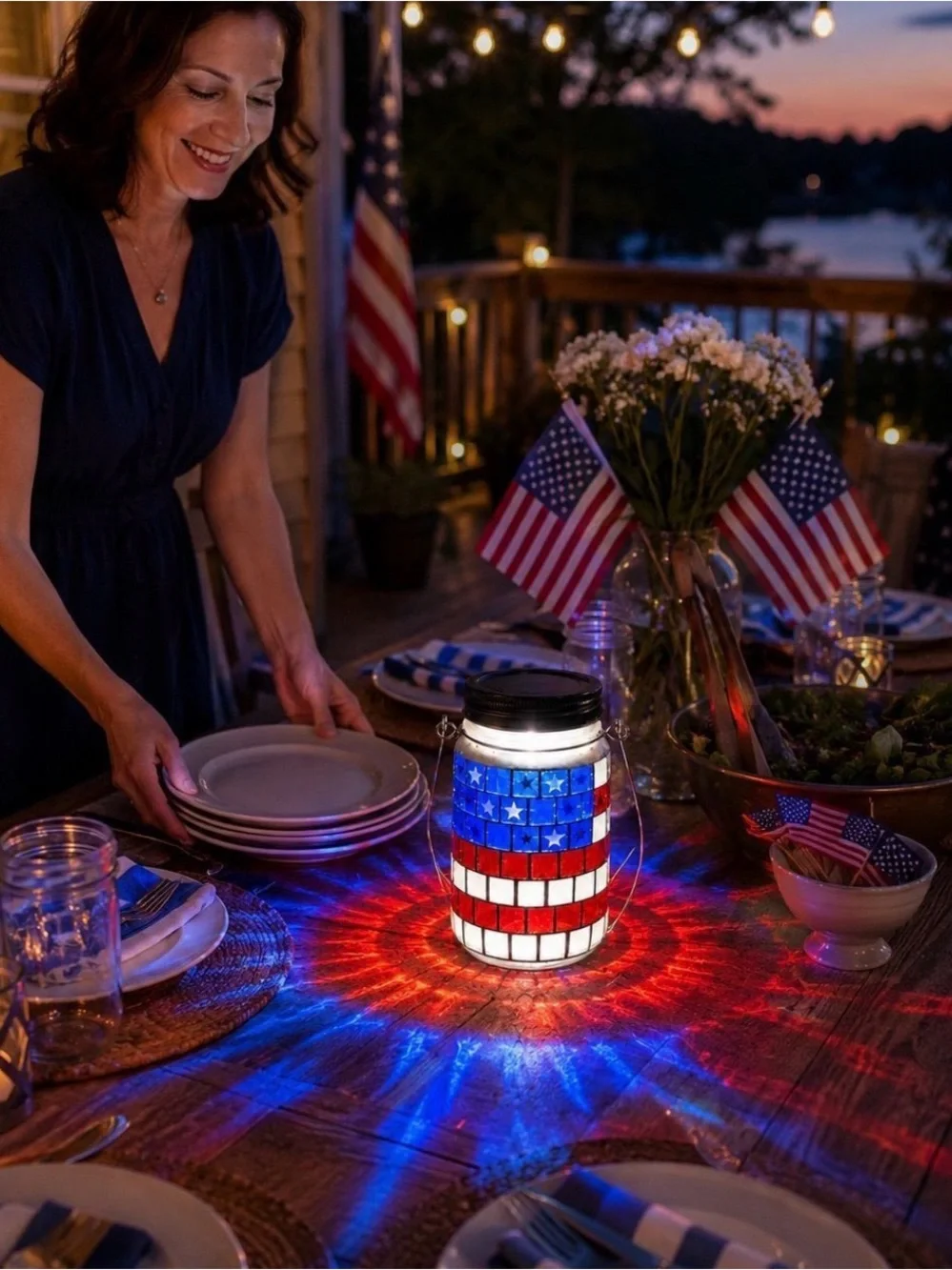 Solar Power Patriotic Mosaic Mason Jar Lantern
